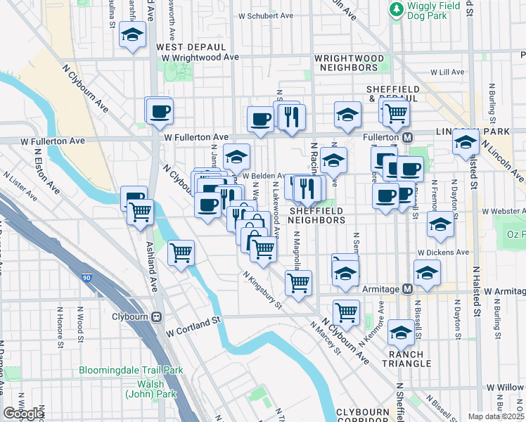 map of restaurants, bars, coffee shops, grocery stores, and more near 1318 West Webster Avenue in Chicago