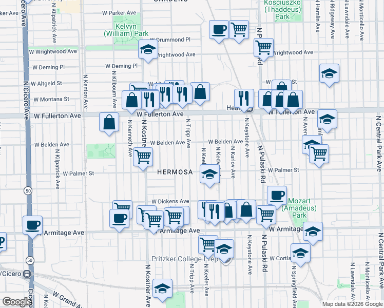 map of restaurants, bars, coffee shops, grocery stores, and more near 2235 North Tripp Avenue in Chicago