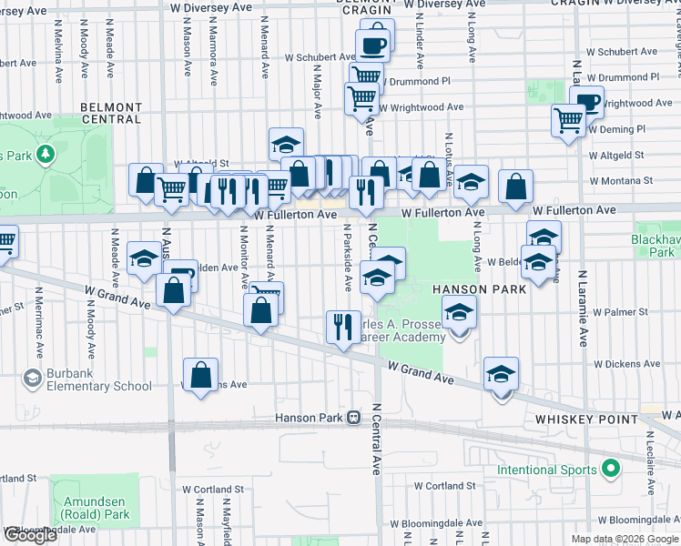 map of restaurants, bars, coffee shops, grocery stores, and more near 2257 North Major Avenue in Chicago