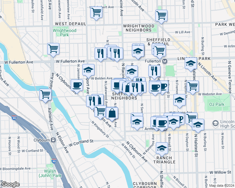 map of restaurants, bars, coffee shops, grocery stores, and more near 1220 West Webster Avenue in Chicago