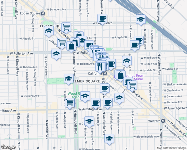 map of restaurants, bars, coffee shops, grocery stores, and more near 2842 West Palmer Street in Chicago