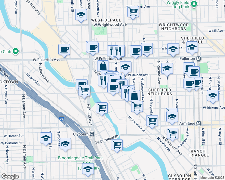 map of restaurants, bars, coffee shops, grocery stores, and more near 2211 North Clybourn Avenue in Chicago