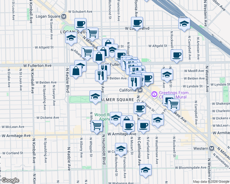 map of restaurants, bars, coffee shops, grocery stores, and more near 2906 West Palmer Street in Chicago
