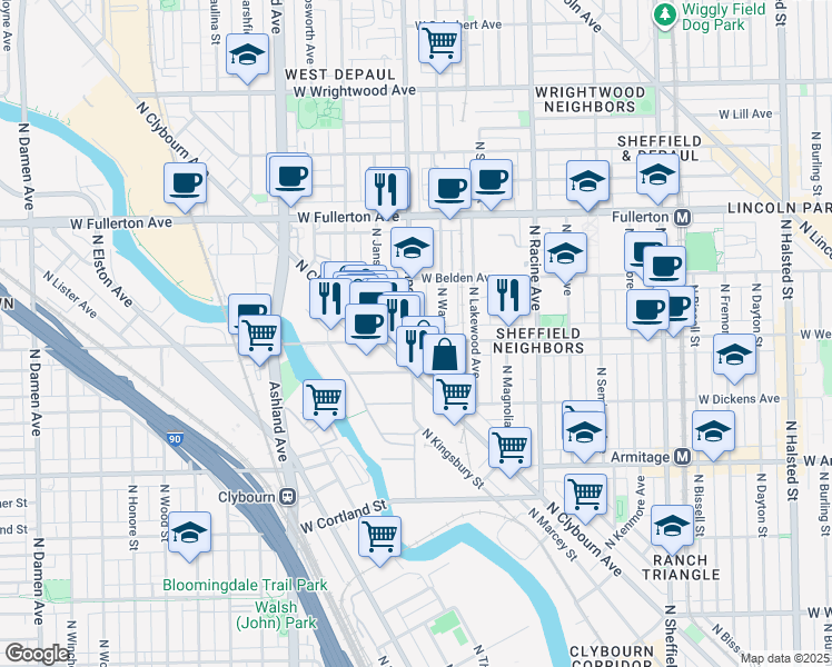 map of restaurants, bars, coffee shops, grocery stores, and more near 1358 West Webster Avenue in Chicago