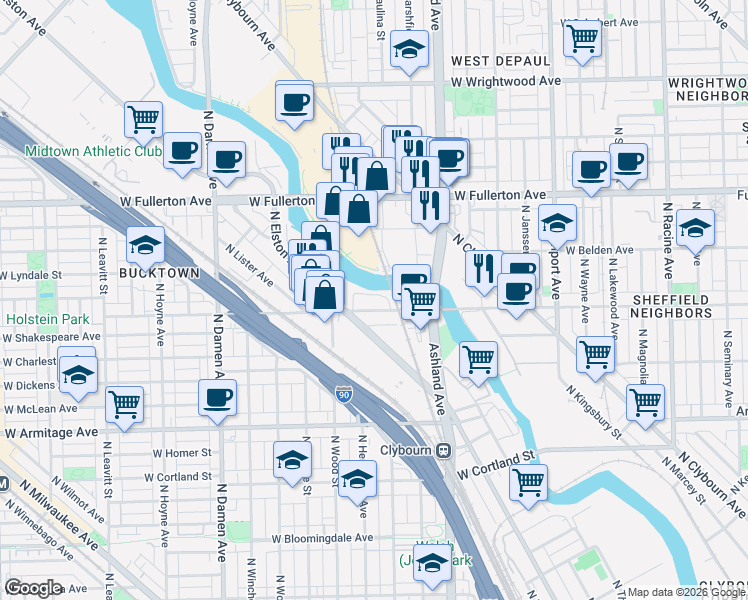 map of restaurants, bars, coffee shops, grocery stores, and more near 1740 West Webster Avenue in Chicago