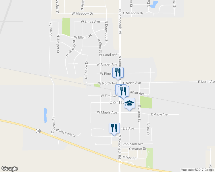 map of restaurants, bars, coffee shops, grocery stores, and more near 52 West North Avenue in Cortland