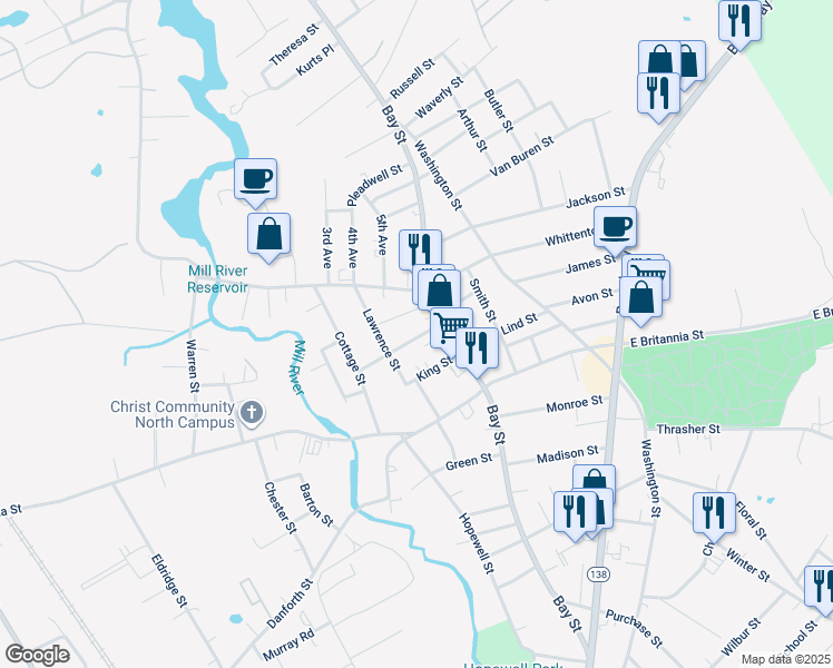 map of restaurants, bars, coffee shops, grocery stores, and more near 11 State Street in Taunton