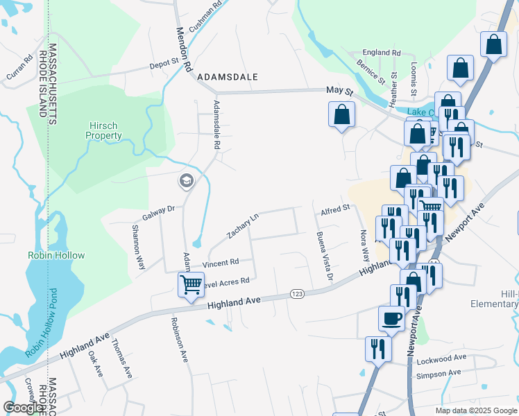 map of restaurants, bars, coffee shops, grocery stores, and more near 92 Zachary Lane in Attleboro