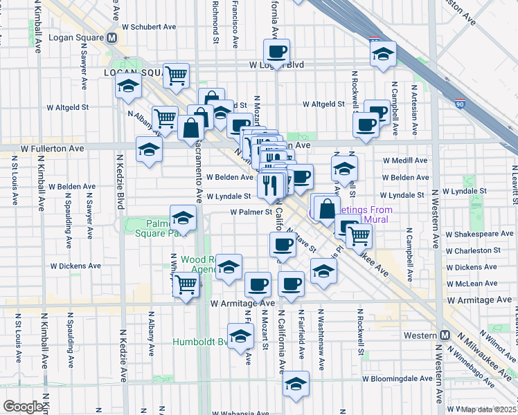 map of restaurants, bars, coffee shops, grocery stores, and more near 2828 West Palmer Street in Chicago