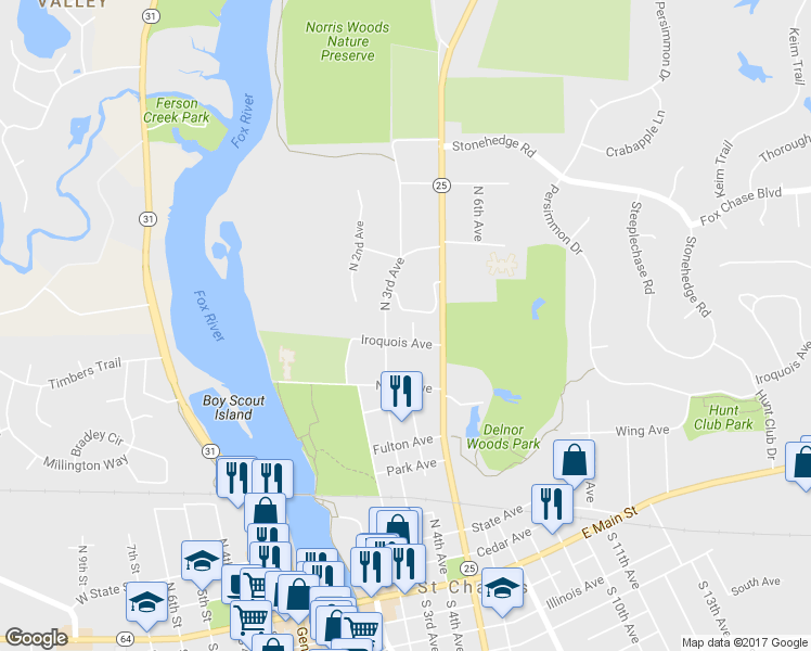 map of restaurants, bars, coffee shops, grocery stores, and more near 911 North 4th Avenue in St. Charles