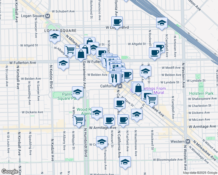 map of restaurants, bars, coffee shops, grocery stores, and more near 2842 West Palmer Street in Chicago