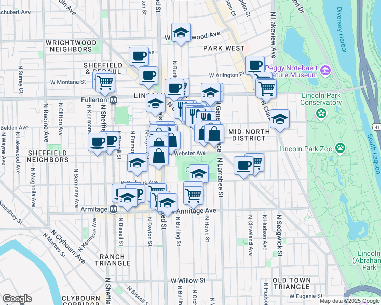 map of restaurants, bars, coffee shops, grocery stores, and more near 2200 North Orchard Street in Chicago