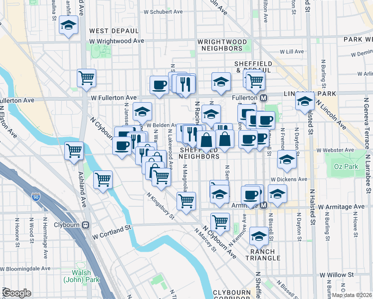 map of restaurants, bars, coffee shops, grocery stores, and more near 1224 West Webster Avenue in Chicago