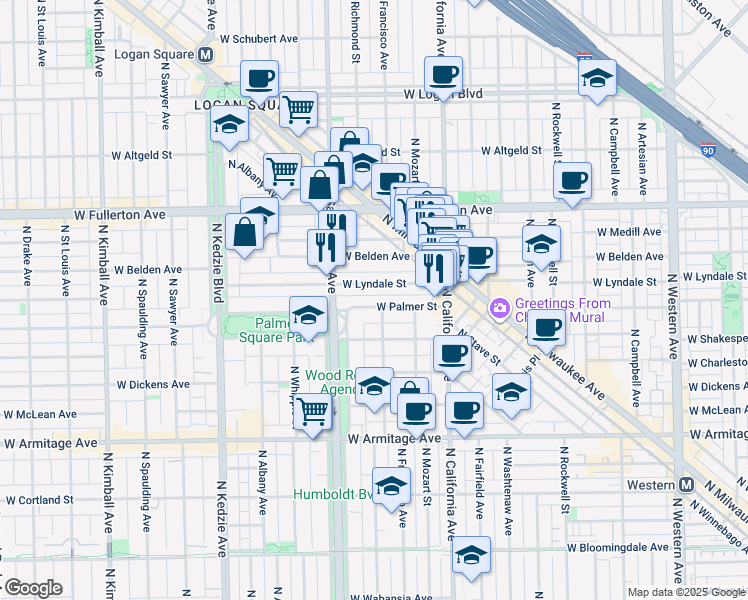 map of restaurants, bars, coffee shops, grocery stores, and more near 2906 West Palmer Street in Chicago