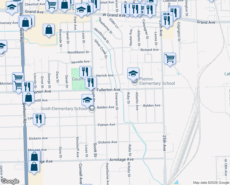 map of restaurants, bars, coffee shops, grocery stores, and more near 9901 Fullerton Avenue in Melrose Park