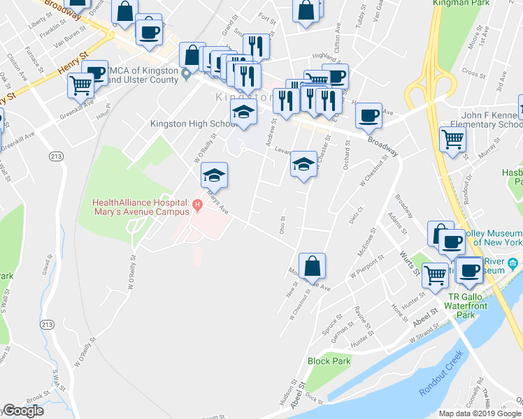 map of restaurants, bars, coffee shops, grocery stores, and more near 94 Augusta Street in Kingston