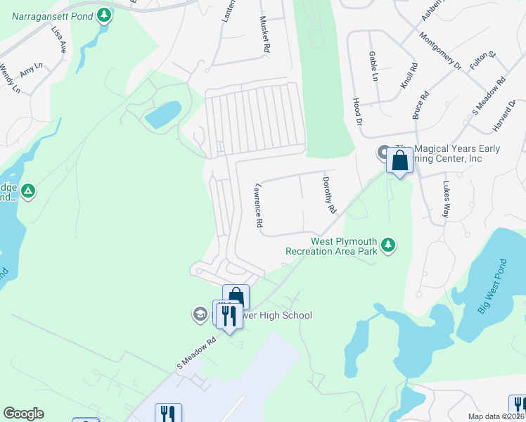 map of restaurants, bars, coffee shops, grocery stores, and more near 29 Lawrence Road in Plymouth