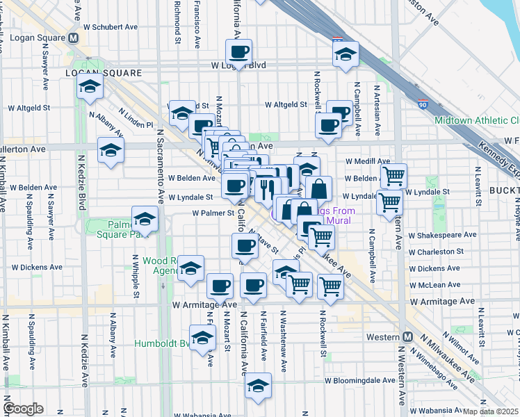 map of restaurants, bars, coffee shops, grocery stores, and more near 2262 North Milwaukee Avenue in Chicago