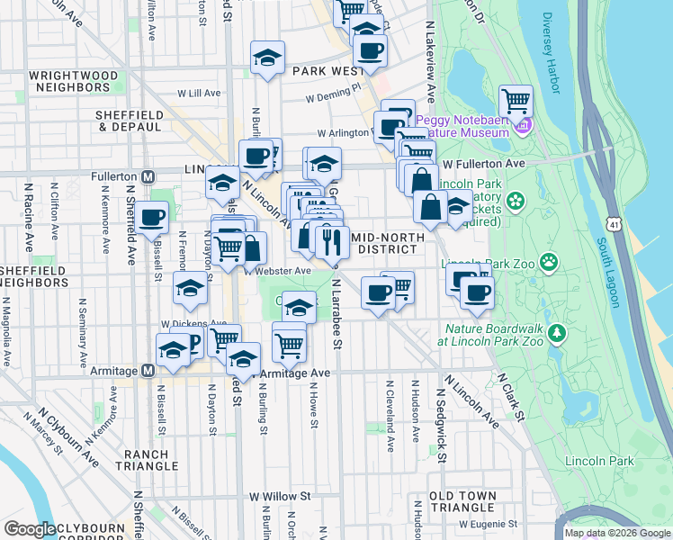 map of restaurants, bars, coffee shops, grocery stores, and more near N Lincoln Ave & W Webster Ave in Chicago