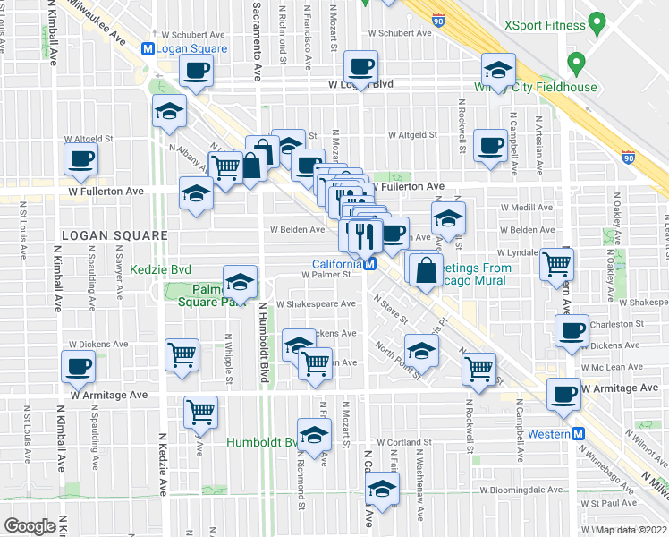 map of restaurants, bars, coffee shops, grocery stores, and more near 2842 West Palmer Street in Chicago