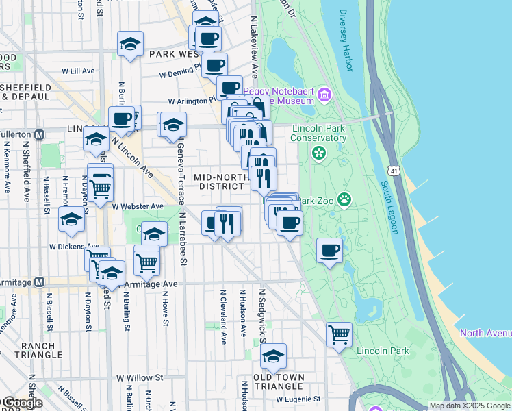 map of restaurants, bars, coffee shops, grocery stores, and more near 400 West Webster Avenue in Chicago