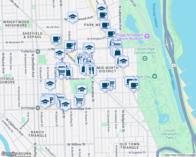 map of restaurants, bars, coffee shops, grocery stores, and more near 558 West Webster Avenue in Chicago