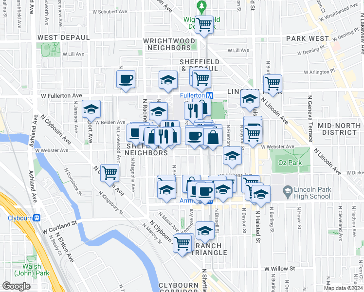 map of restaurants, bars, coffee shops, grocery stores, and more near 1048 West Webster Avenue in Chicago