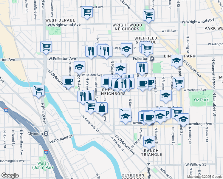 map of restaurants, bars, coffee shops, grocery stores, and more near in Chicago