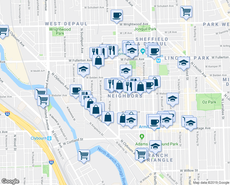 map of restaurants, bars, coffee shops, grocery stores, and more near in Chicago
