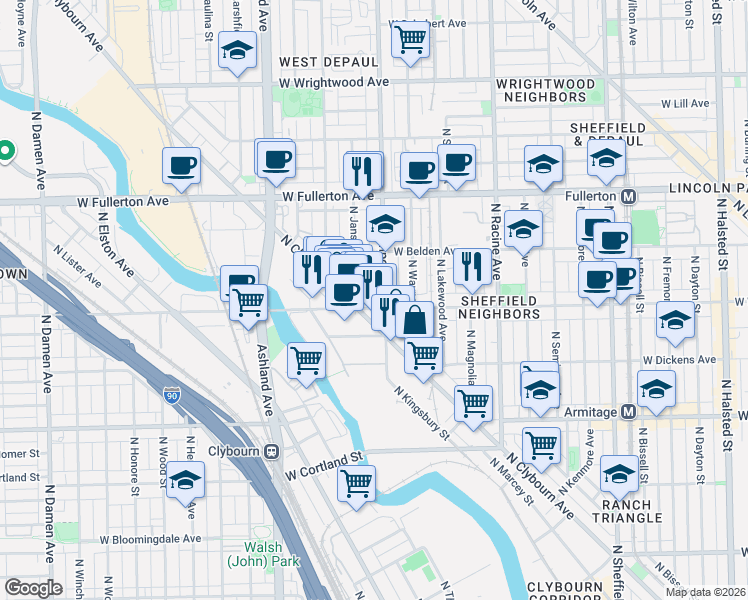 map of restaurants, bars, coffee shops, grocery stores, and more near 1358 West Webster Avenue in Chicago