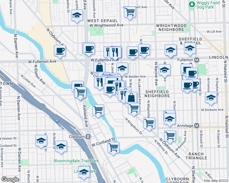 map of restaurants, bars, coffee shops, grocery stores, and more near 2211 North Clybourn Avenue in Chicago