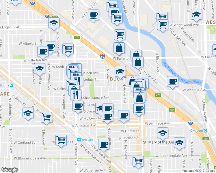 map of restaurants, bars, coffee shops, grocery stores, and more near 2221 North Leavitt Street in Chicago