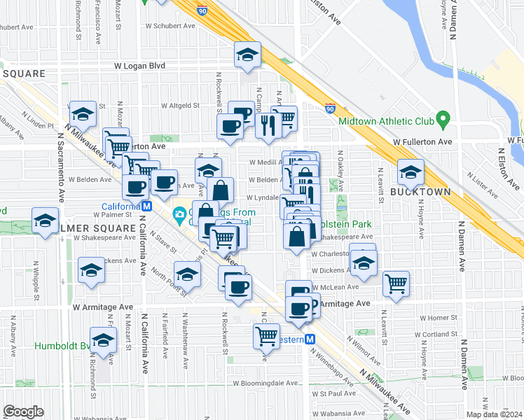 map of restaurants, bars, coffee shops, grocery stores, and more near 2516 West Palmer Street in Chicago