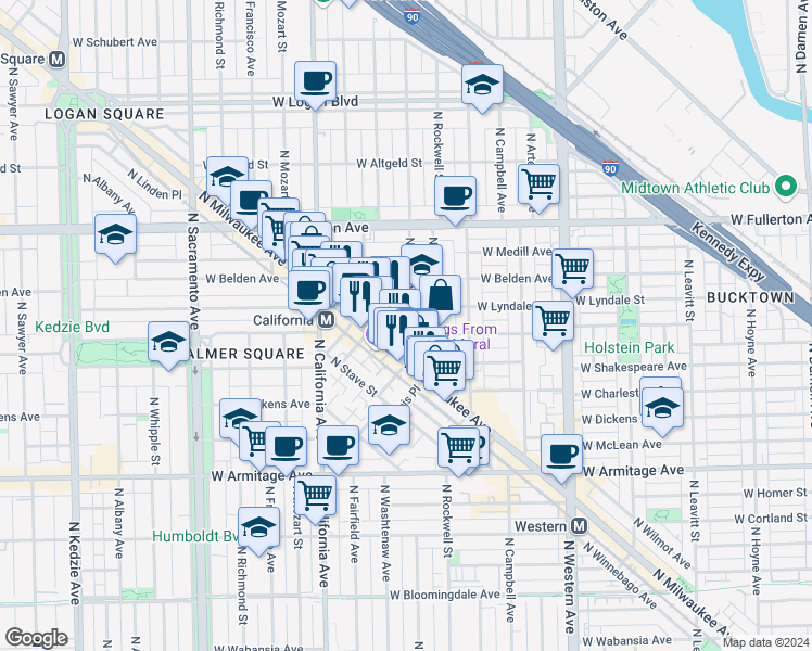 map of restaurants, bars, coffee shops, grocery stores, and more near 2249 North Milwaukee Avenue in Chicago