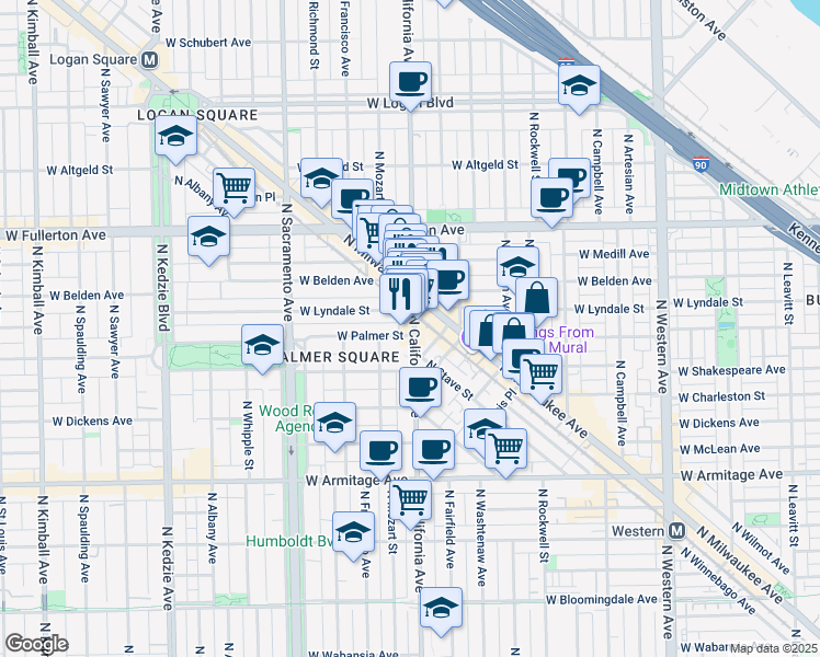 map of restaurants, bars, coffee shops, grocery stores, and more near 2204 North California Avenue in Chicago