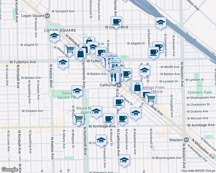 map of restaurants, bars, coffee shops, grocery stores, and more near 2842 West Palmer Street in Chicago