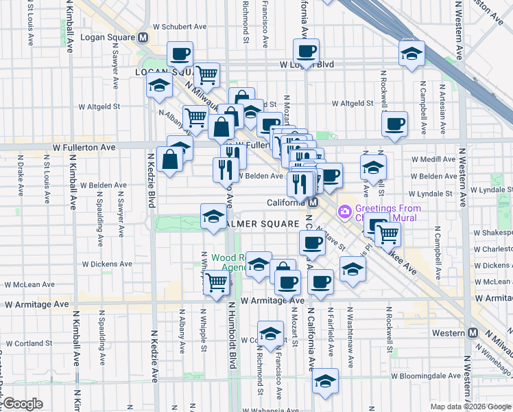 map of restaurants, bars, coffee shops, grocery stores, and more near 2906 West Palmer Street in Chicago