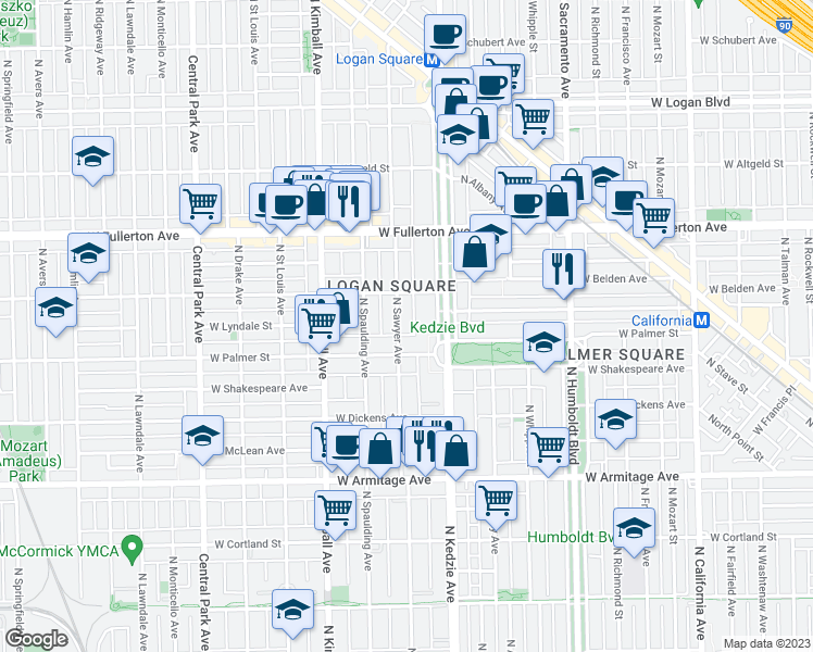 map of restaurants, bars, coffee shops, grocery stores, and more near 2228 North Kedzie Boulevard in Chicago