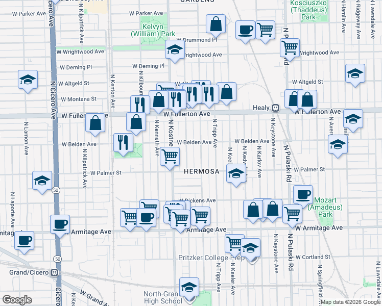 map of restaurants, bars, coffee shops, grocery stores, and more near 2243 North Lowell Avenue in Chicago