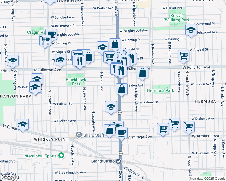 map of restaurants, bars, coffee shops, grocery stores, and more near 2249 North La Crosse Avenue in Chicago