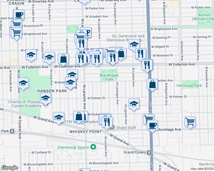 map of restaurants, bars, coffee shops, grocery stores, and more near 2253 North Leclaire Avenue in Chicago