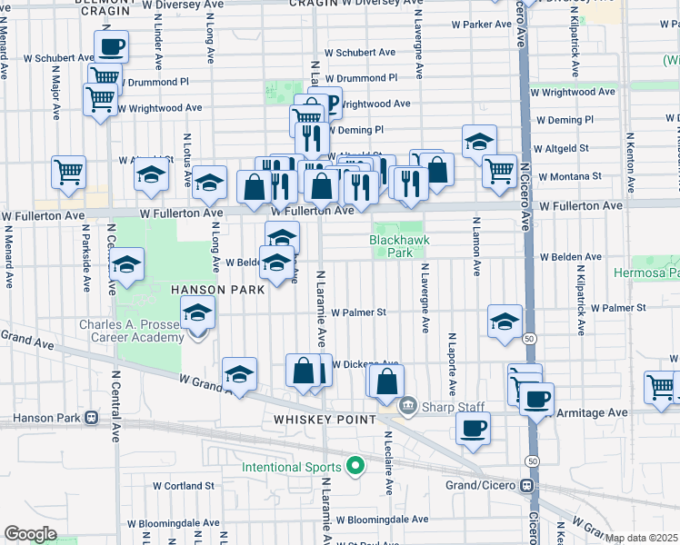 map of restaurants, bars, coffee shops, grocery stores, and more near 2253 North Leamington Avenue in Chicago