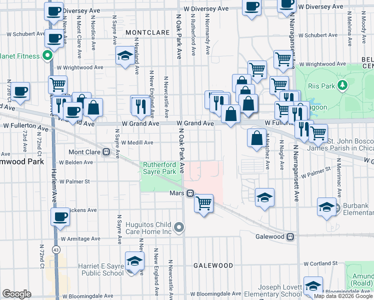 map of restaurants, bars, coffee shops, grocery stores, and more near 2323 North Oak Park Avenue in Elmwood Park