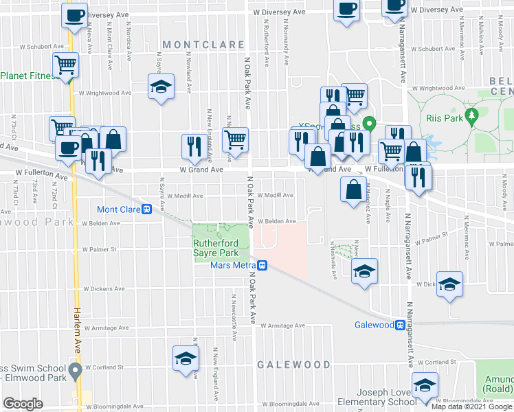 map of restaurants, bars, coffee shops, grocery stores, and more near 2327 North Oak Park Avenue in Chicago