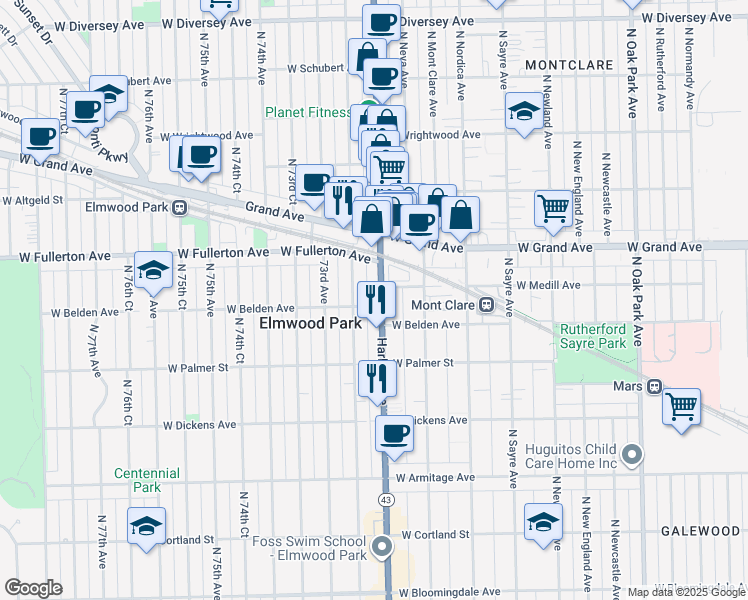 map of restaurants, bars, coffee shops, grocery stores, and more near 2305 North 72nd Court in Elmwood Park