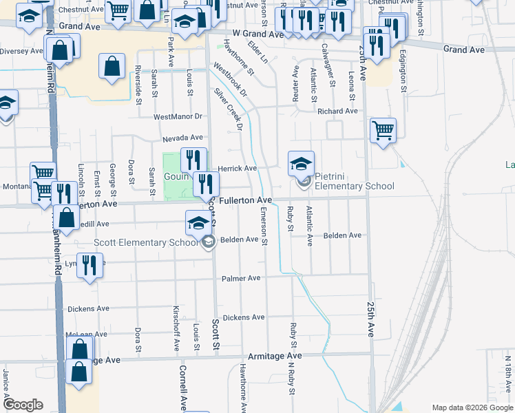 map of restaurants, bars, coffee shops, grocery stores, and more near 9901 Fullerton Avenue in Melrose Park