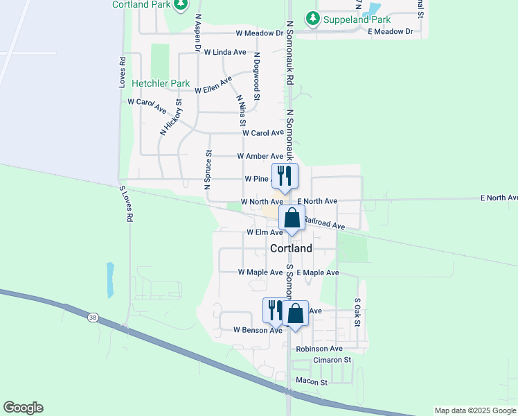 map of restaurants, bars, coffee shops, grocery stores, and more near 52 West North Avenue in Cortland