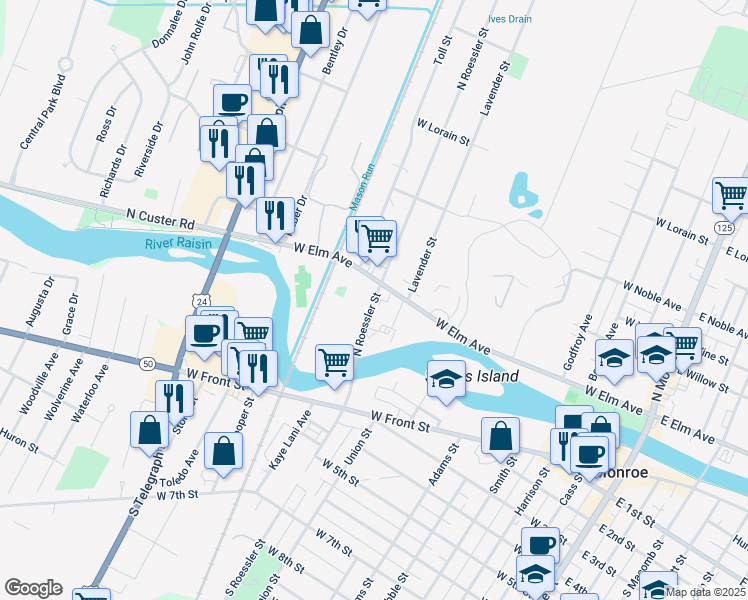 map of restaurants, bars, coffee shops, grocery stores, and more near 77 North Roessler Street in Monroe