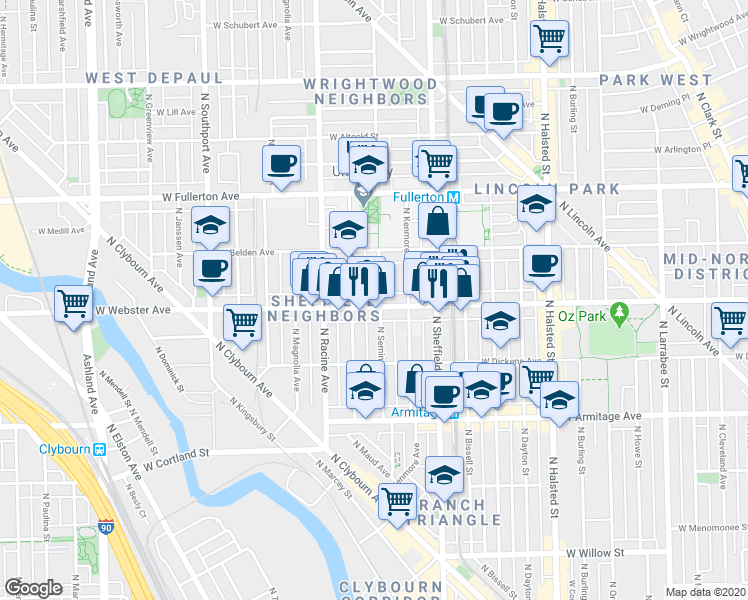 map of restaurants, bars, coffee shops, grocery stores, and more near 1102 West Webster Avenue in Chicago