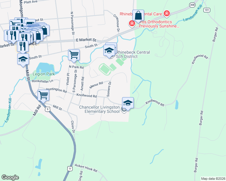 map of restaurants, bars, coffee shops, grocery stores, and more near 5 Somers Drive in Rhinebeck